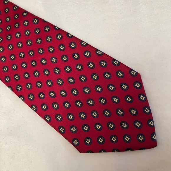 Delvechio Imported Fabric Red Blue Yellow Geometric Print Silk Neck Tie - Picture 16 of 16